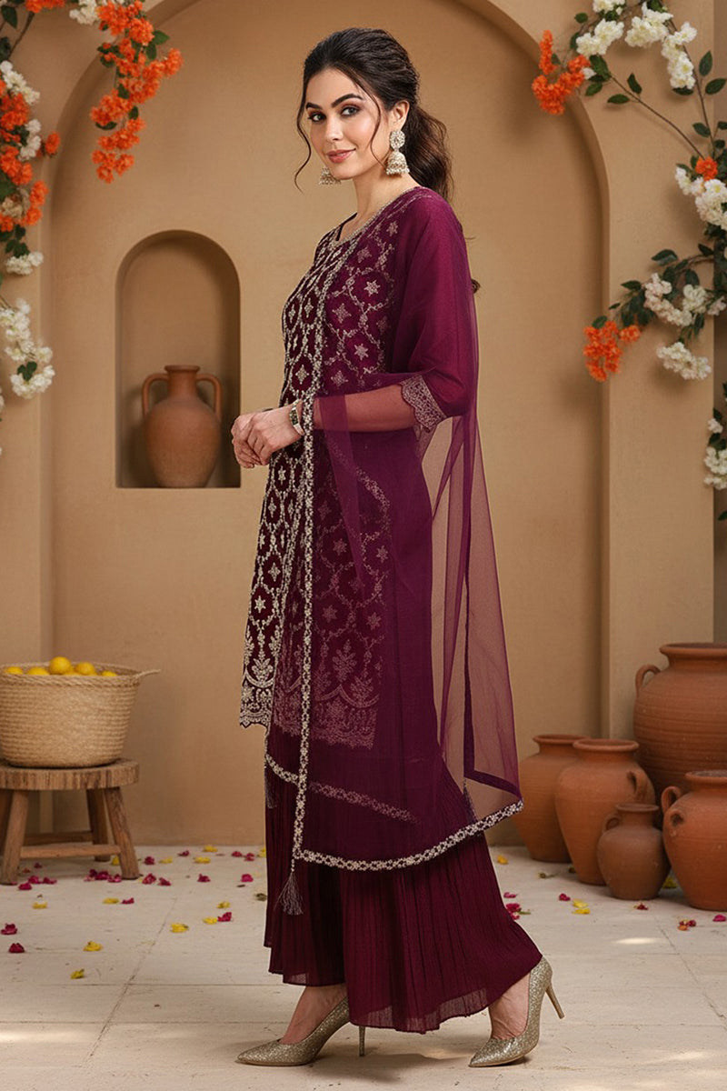 Silk Blend Purple Embroidered Straight Kurta Sharara With Dupatta | SHOBITAM