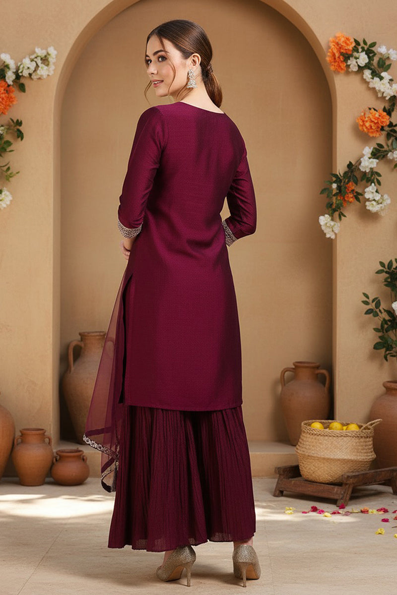 Silk Blend Purple Embroidered Straight Kurta Sharara With Dupatta | SHOBITAM