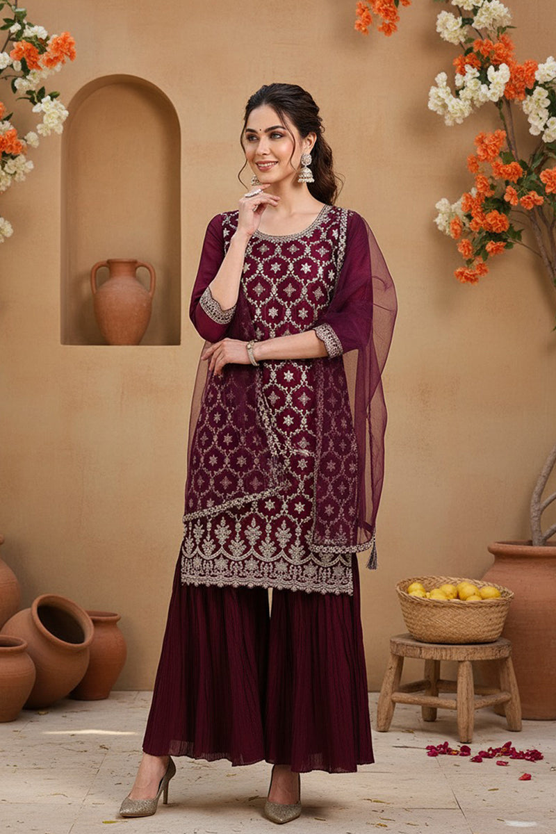 Silk Blend Purple Embroidered Straight Kurta Sharara With Dupatta | SHOBITAM