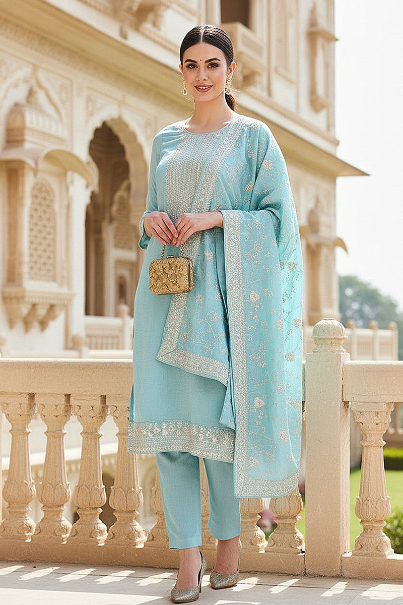 Blue Silk Blend Straight Kurta Pant With Dupatta | SHOBITAM