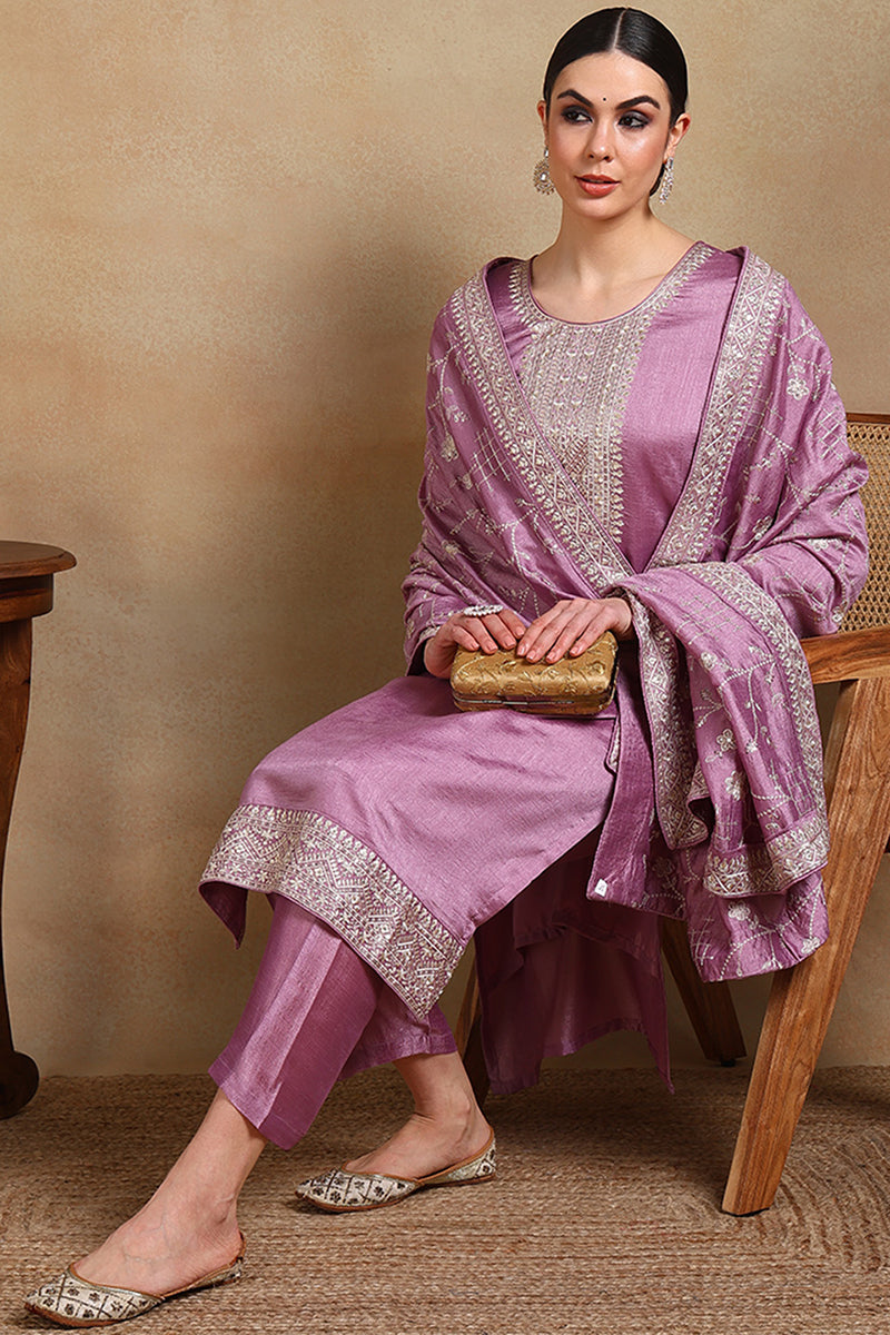 Lavender Silk Blend Straight Kurta Pant With Dupatta | SHOBITAM