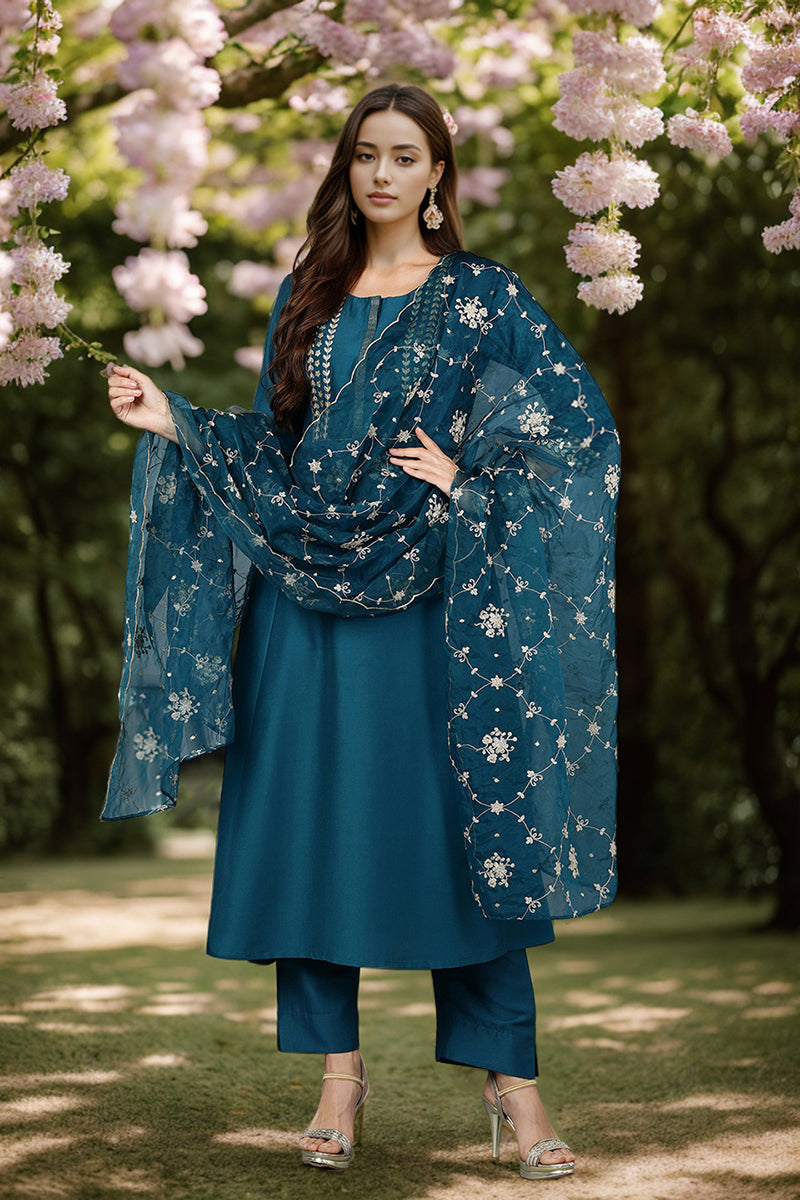 Turquoise Blue Silk Blend Straight Kurta Pant With Dupatta | SHOBITAM