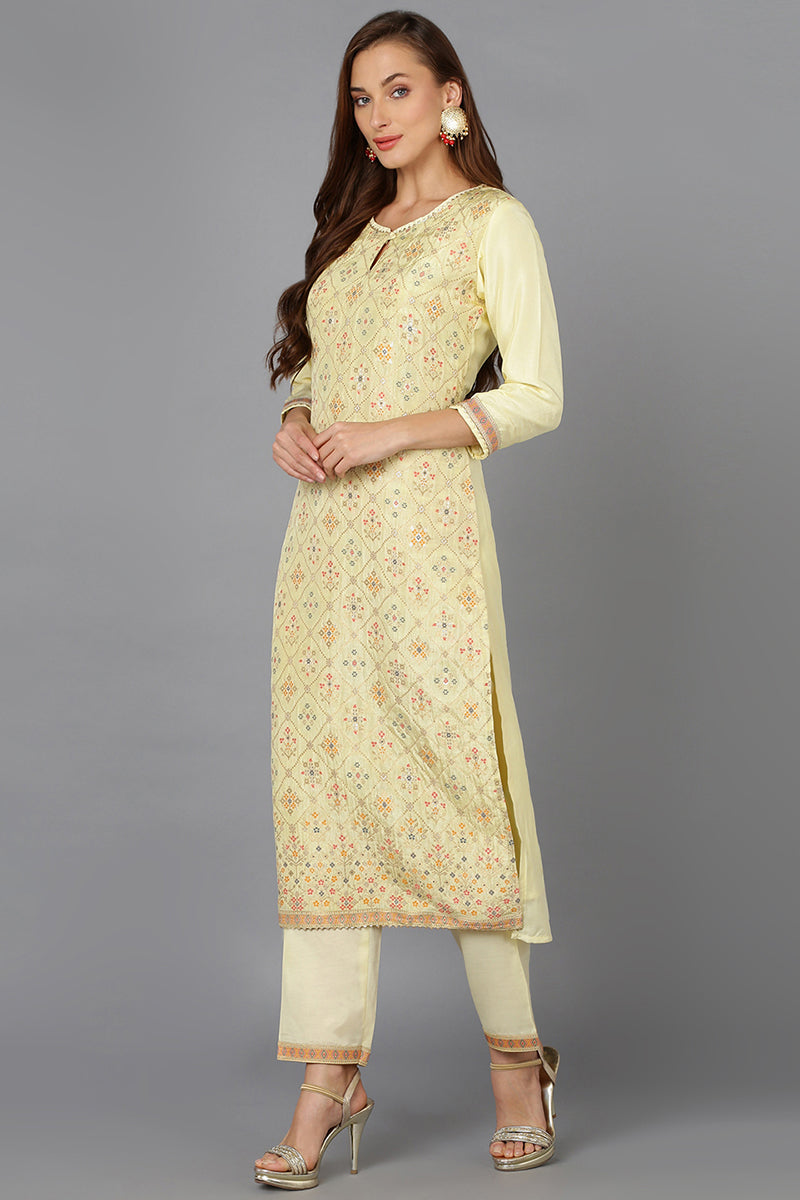 Yellow Silk Blend Ethnic Motifs Straight Suit Set | SHOBITAM