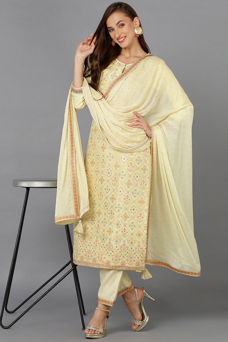 Yellow Silk Blend Ethnic Motifs Straight Suit Set | SHOBITAM