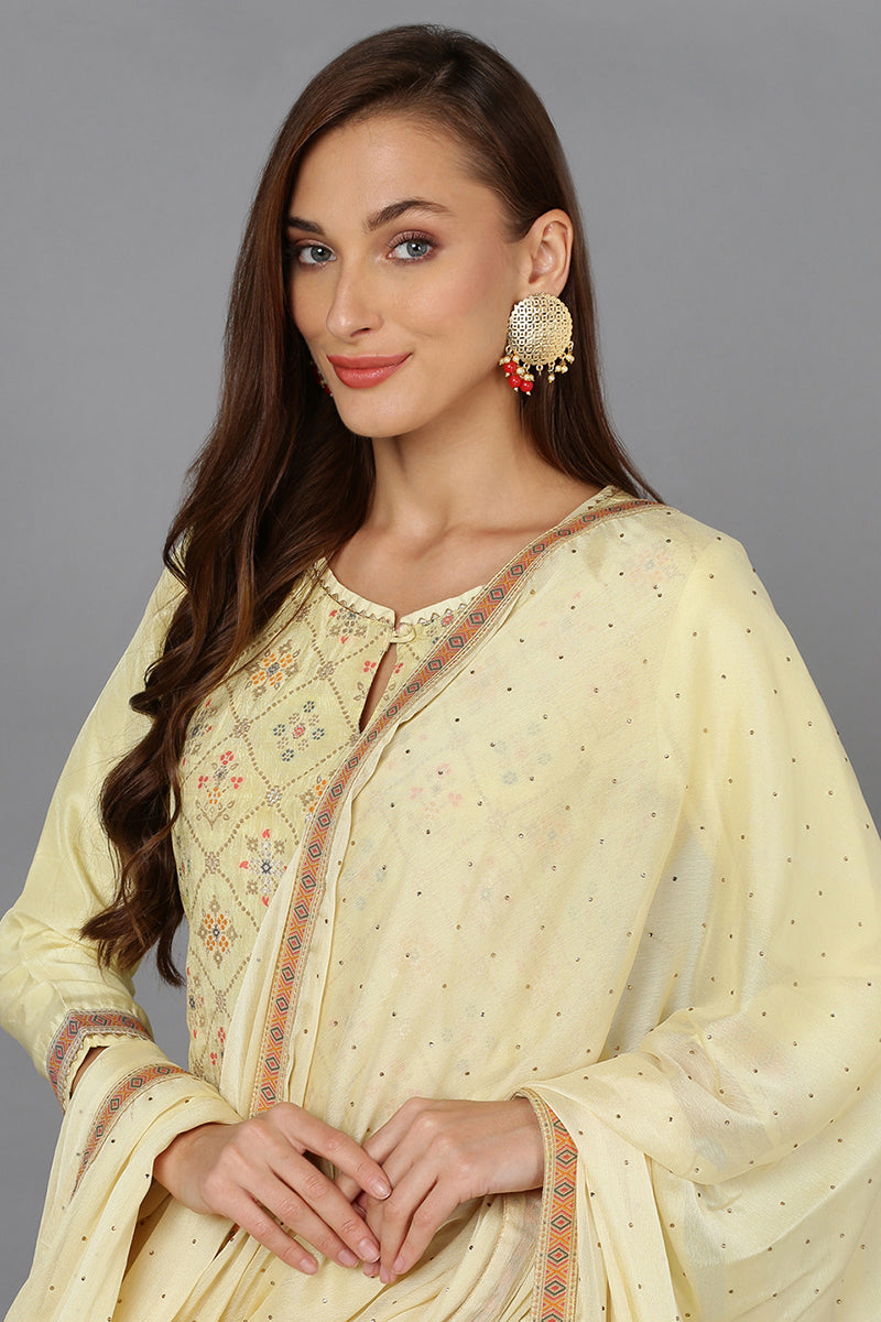 Yellow Silk Blend Ethnic Motifs Straight Suit Set | SHOBITAM