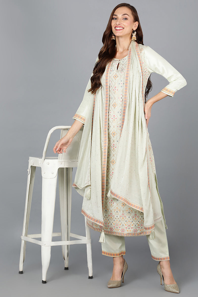 Green Silk Blend Straight Woven Design Kurta Pant With Dupatta | SHOBITAM