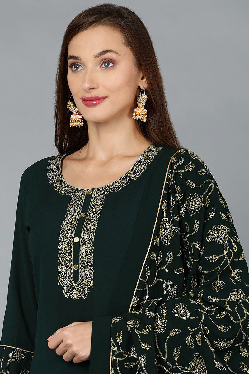 Green Poly Georgette Straight Kurta Palazzo With Dupatta | SHOBITAM