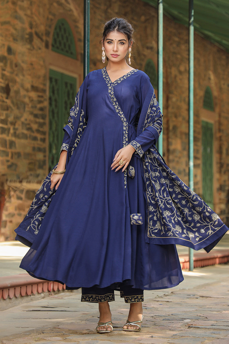 Prussian Blue Poly Georgette Angrakha Pant With Dupatta | SHOBITAM