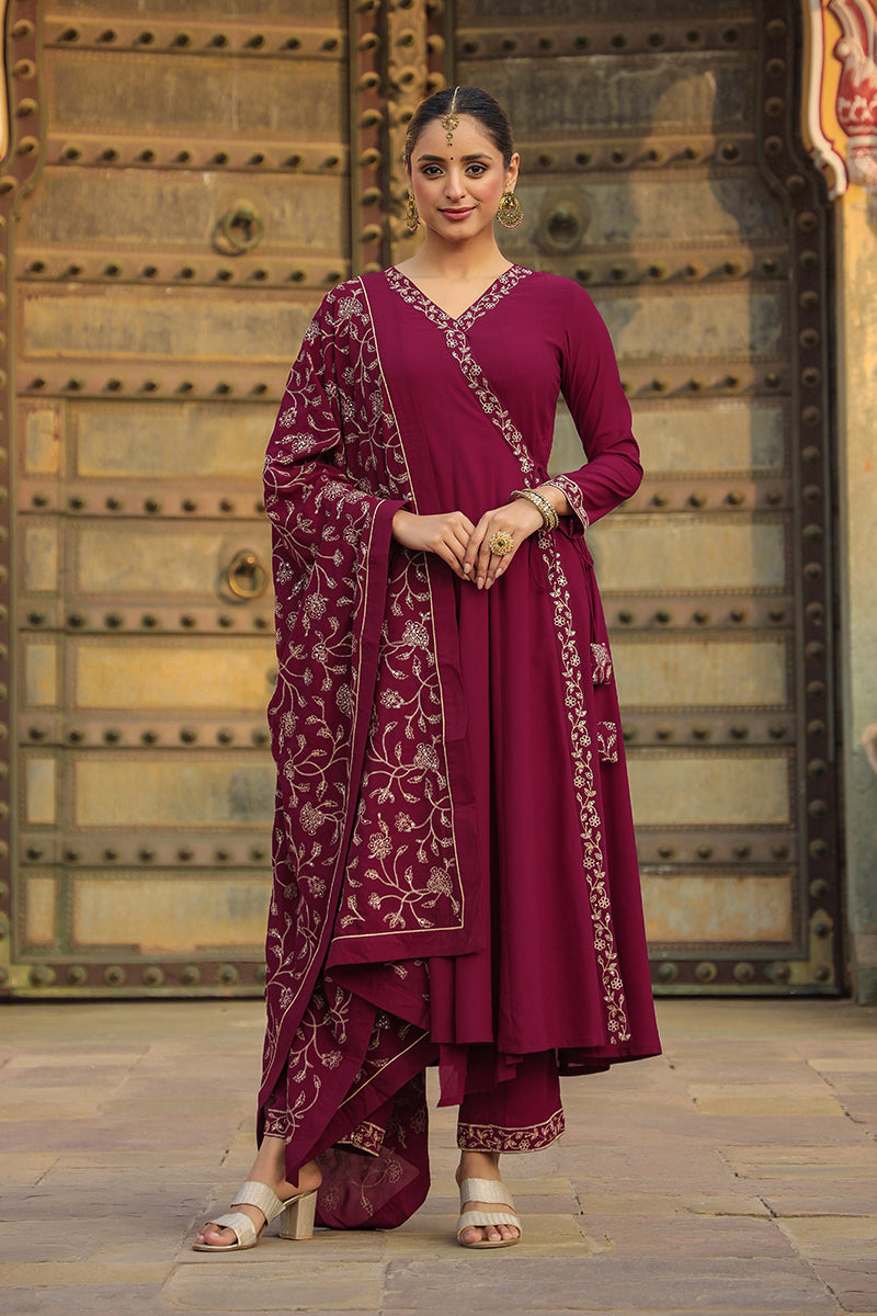 Fuschia Poly Georgette Angrakha Pant With Dupatta | SHOBITAM