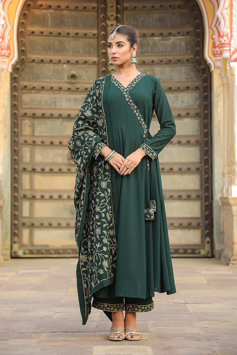 Dark Green Poly Georgette Angrakha Pant With Dupatta | SHOBITAM