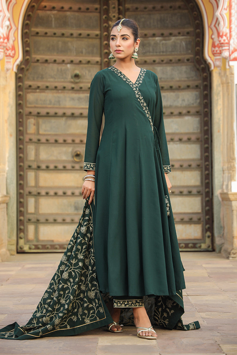 Dark Green Poly Georgette Angrakha Pant With Dupatta | SHOBITAM