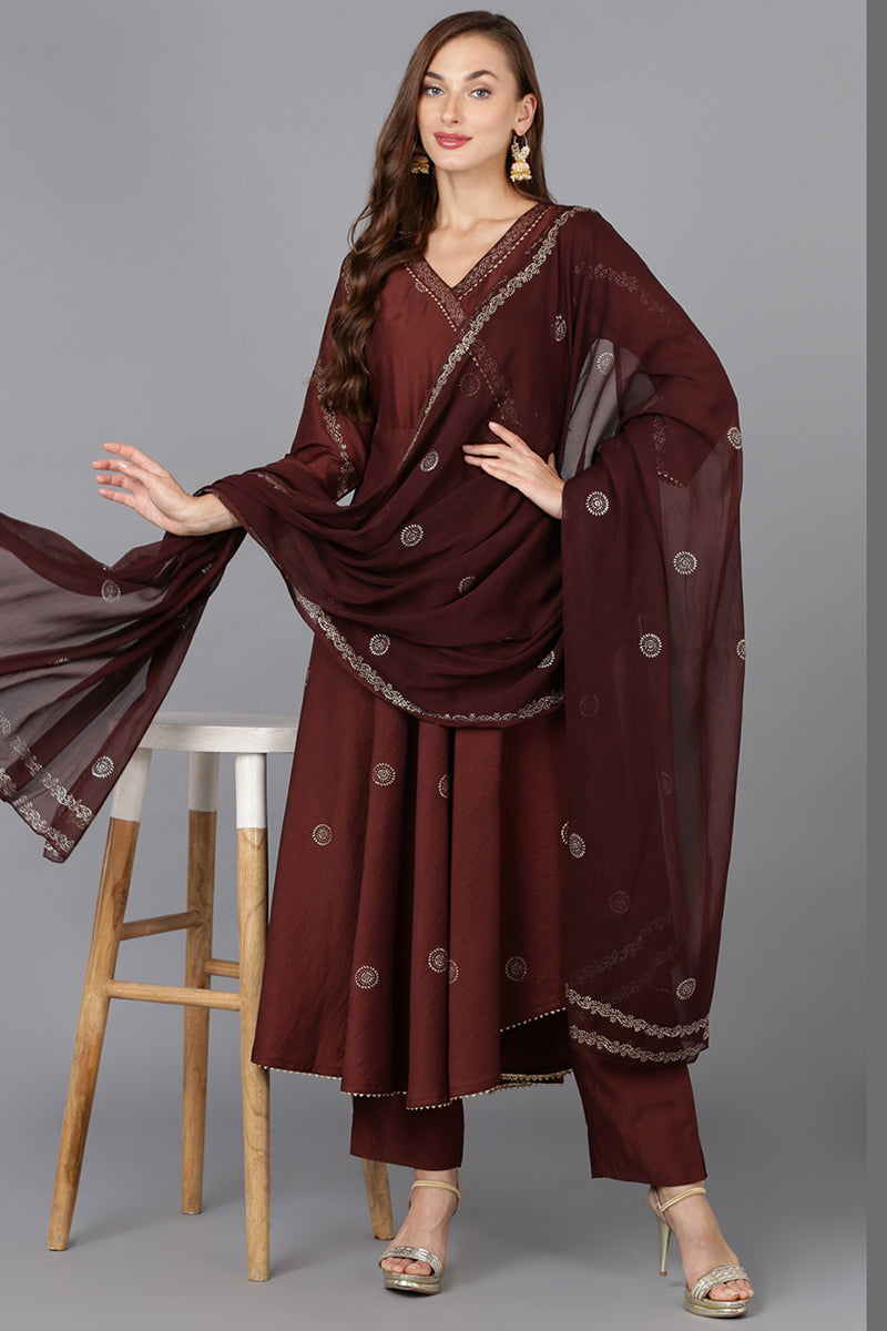 Maroon Silk Blend Anarkali Woven Design Kurta Pant With Dupatta | SHOBITAM