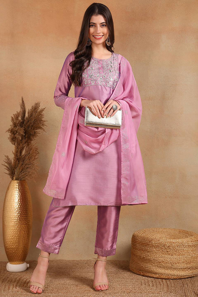 Lavender Silk Blend Straight Kurta Pant With Dupatta | SHOBITAM