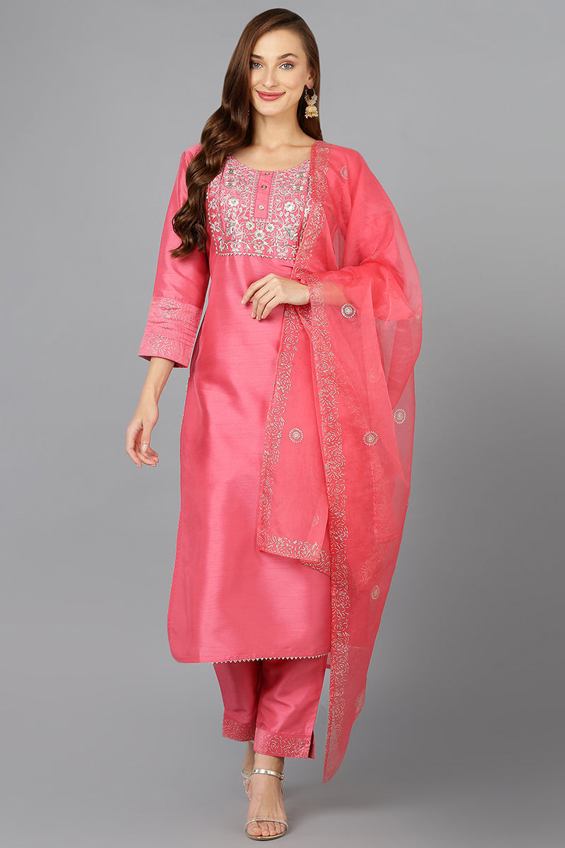 Pink Silk Blend Straight Kurta Pant With Dupatta | SHOBITAM