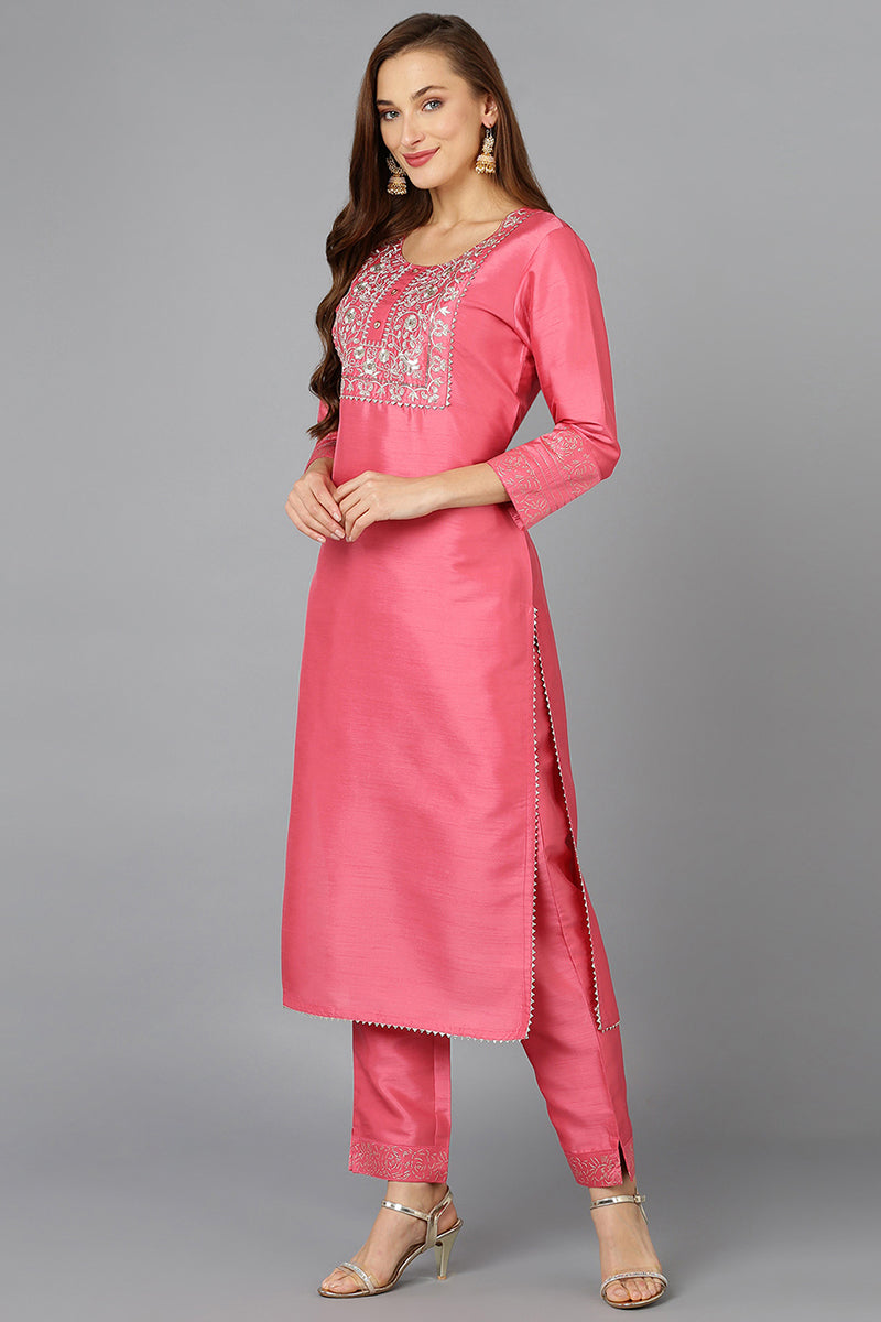 Pink Silk Blend Straight Kurta Pant With Dupatta | SHOBITAM
