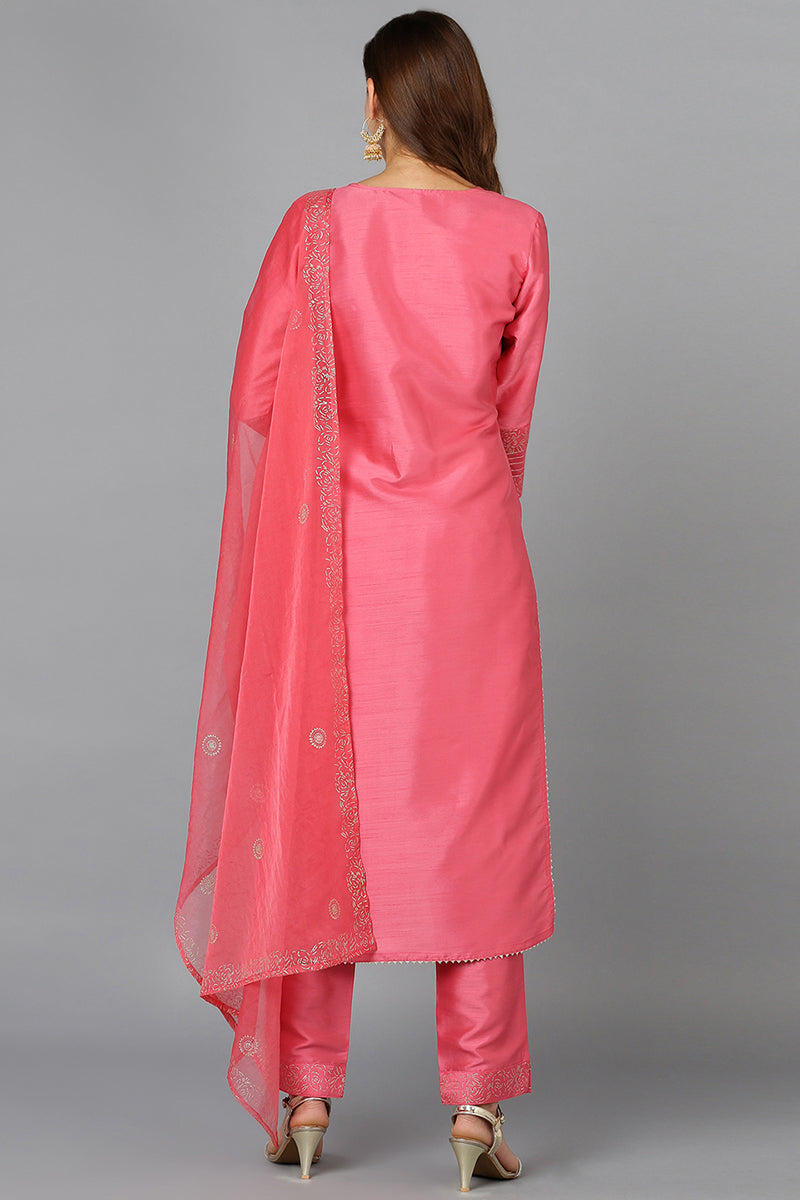 Pink Silk Blend Straight Kurta Pant With Dupatta | SHOBITAM