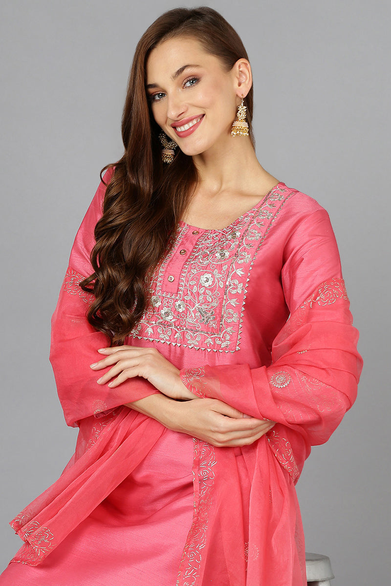 Pink Silk Blend Straight Kurta Pant With Dupatta | SHOBITAM