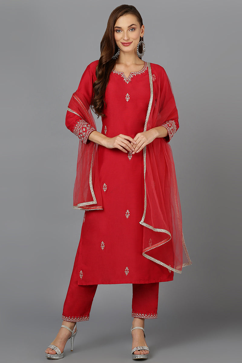 Red Silk Blend Straight Kurta Pant With Dupatta | SHOBITAM