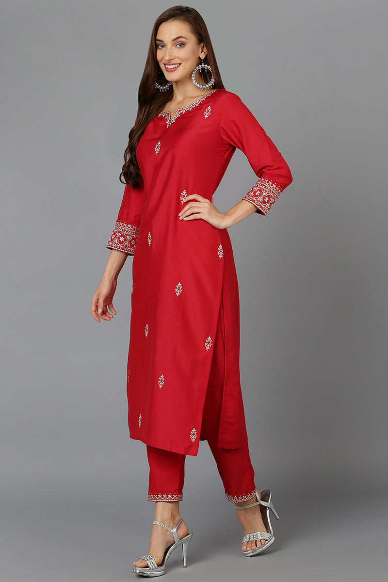 Red Silk Blend Straight Kurta Pant With Dupatta | SHOBITAM