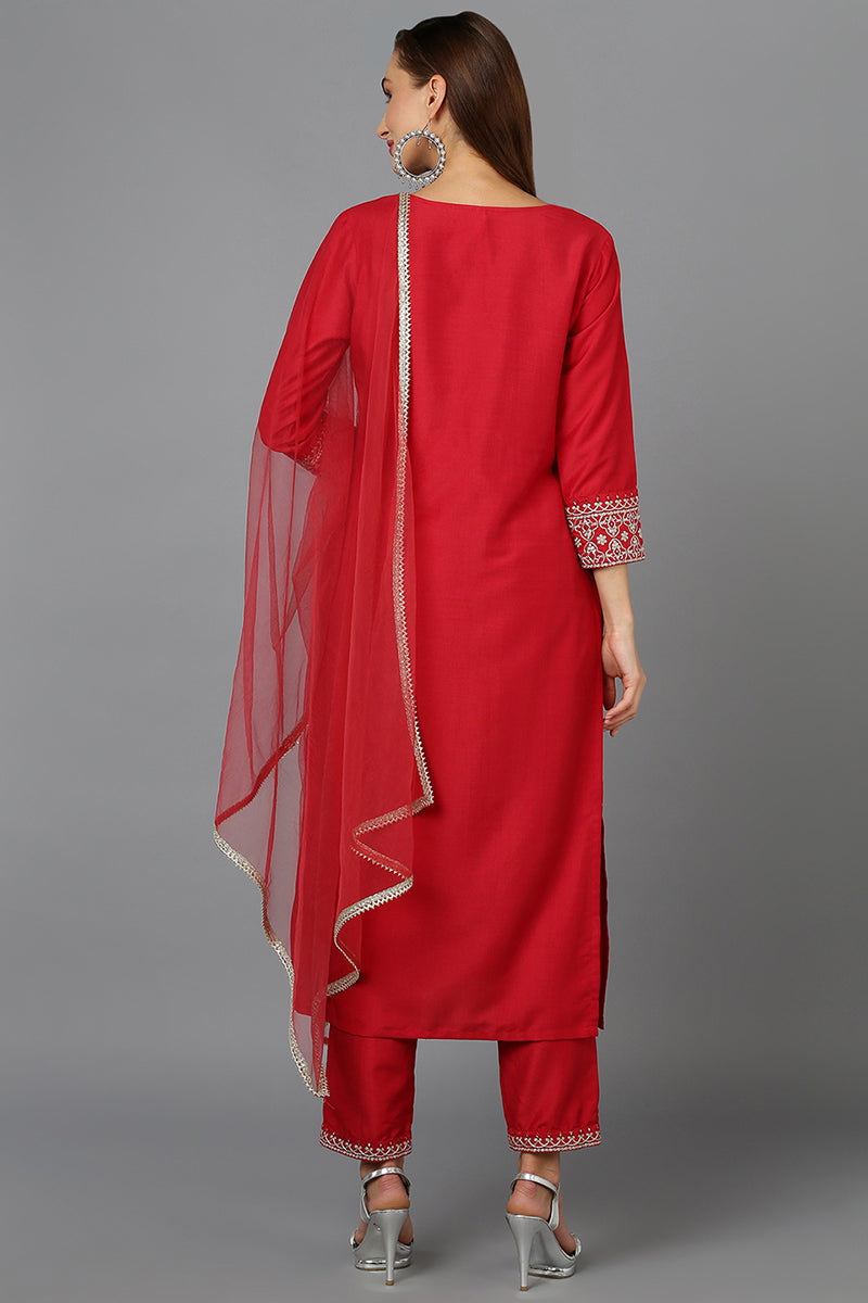 Red Silk Blend Straight Kurta Pant With Dupatta | SHOBITAM