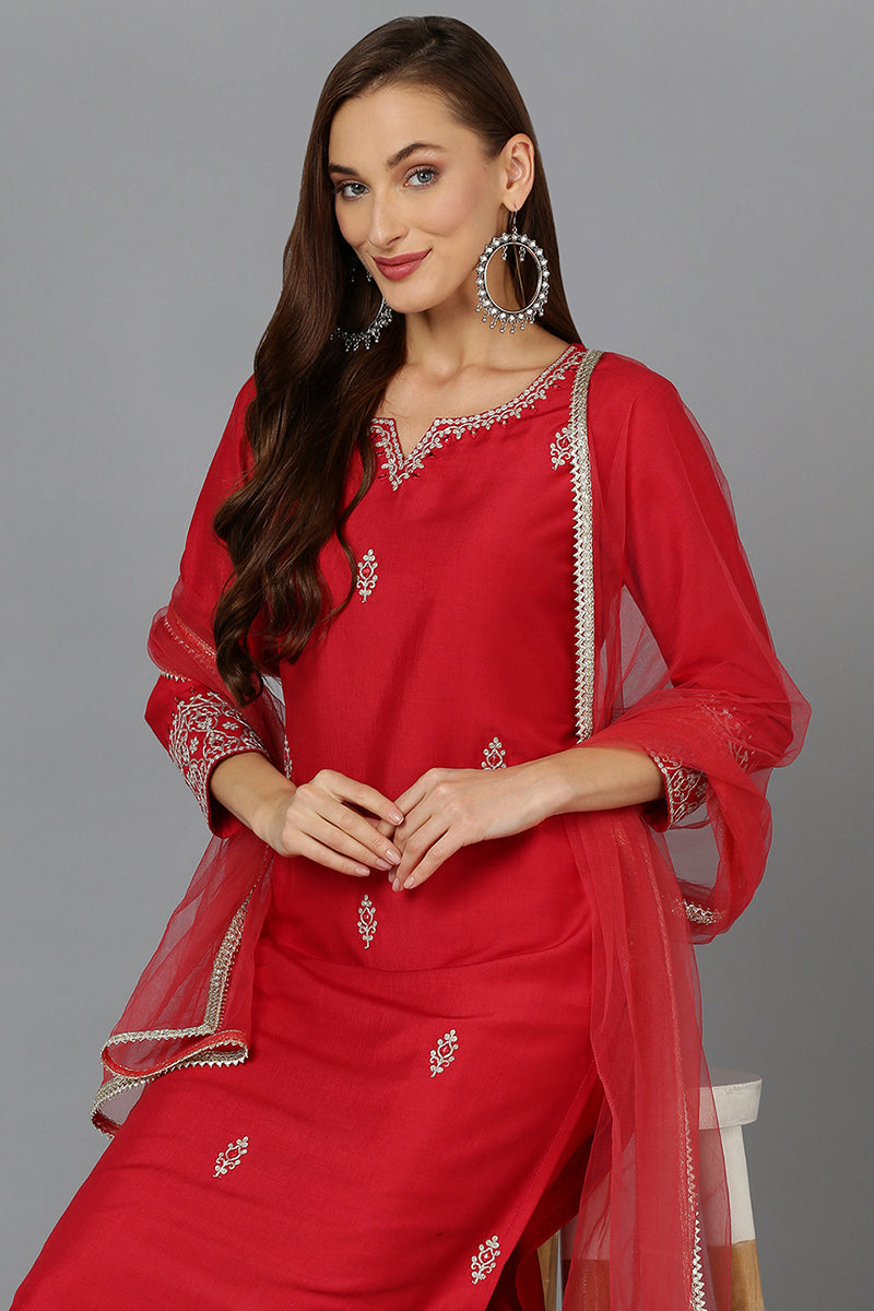 Red Silk Blend Straight Kurta Pant With Dupatta | SHOBITAM