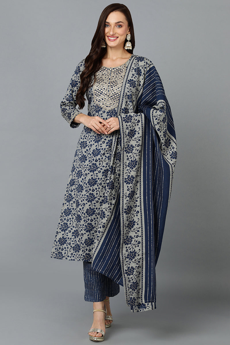 Cotton Blend Grey Straight Printed Kurta Pant With Blue Dupatta | SHOBITAM
