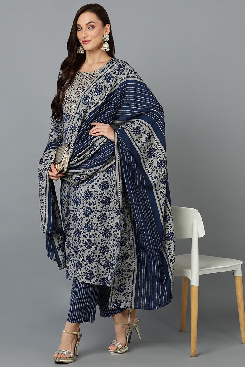 Cotton Blend Grey Straight Printed Kurta Pant With Blue Dupatta | SHOBITAM