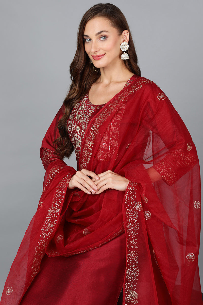 Maroon Silk Blend Yoke Design Kurta Trouser With Dupatta | SHOBITAM
