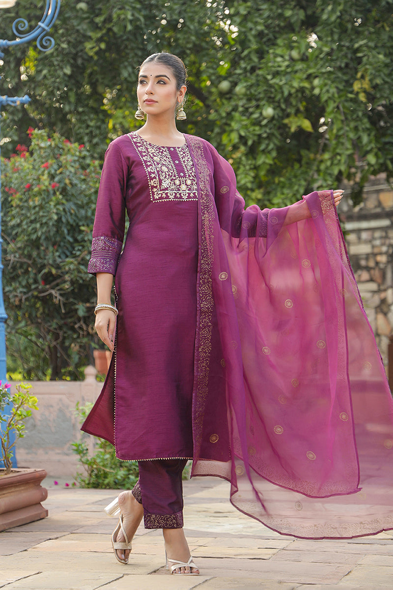 Purple Silk Blend Straight Yoke Design Kurta Pant With Dupatta | SHOBITAM