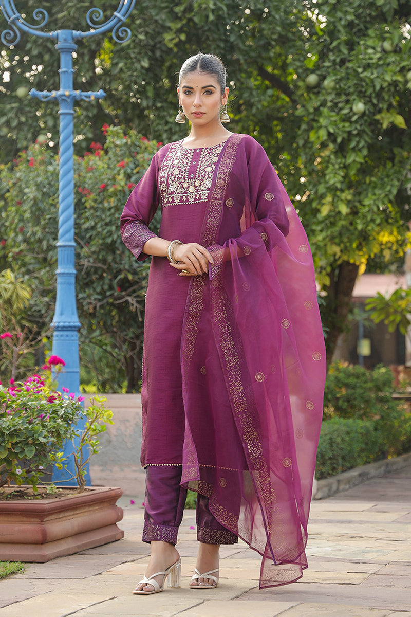 Purple Silk Blend Straight Yoke Design Kurta Pant With Dupatta | SHOBITAM