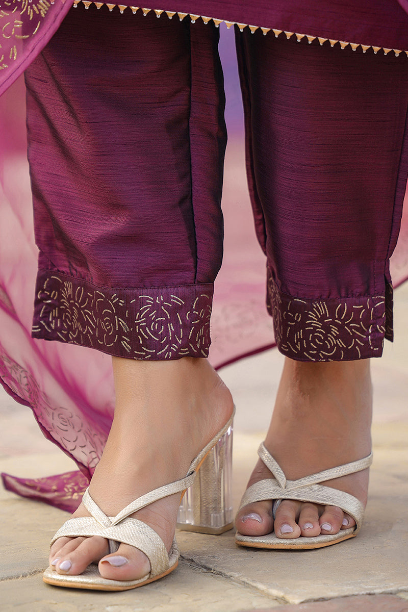 Purple Silk Blend Straight Yoke Design Kurta Pant With Dupatta | SHOBITAM