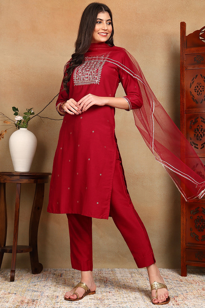Maroon Silk Blend Rogan Work Straight Suit Set | SHOBITAM