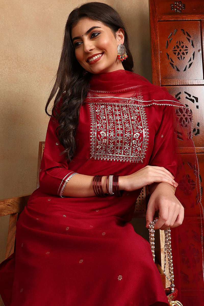 Maroon Silk Blend Rogan Work Straight Suit Set | SHOBITAM