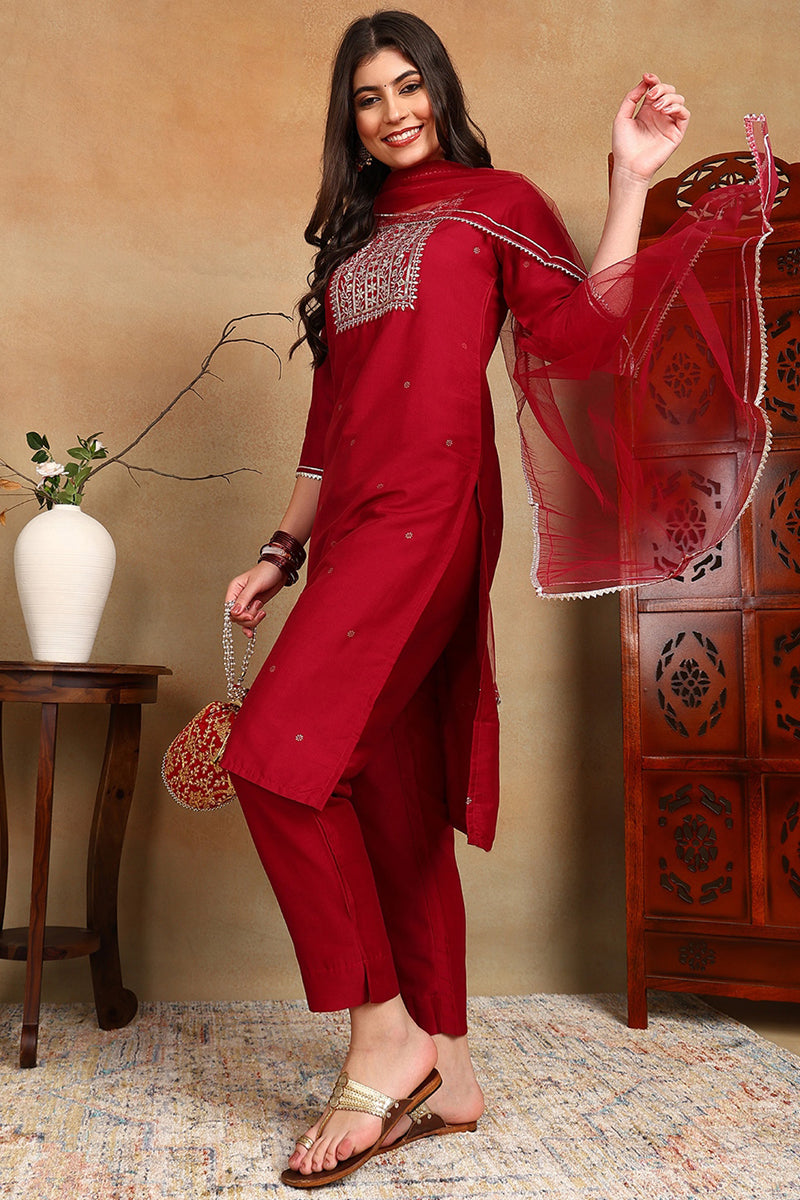 Maroon Silk Blend Rogan Work Straight Suit Set | SHOBITAM