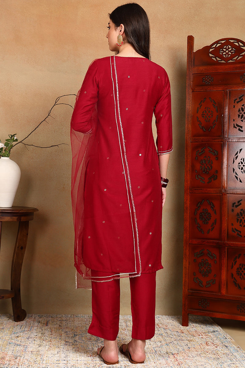 Maroon Silk Blend Rogan Work Straight Suit Set | SHOBITAM
