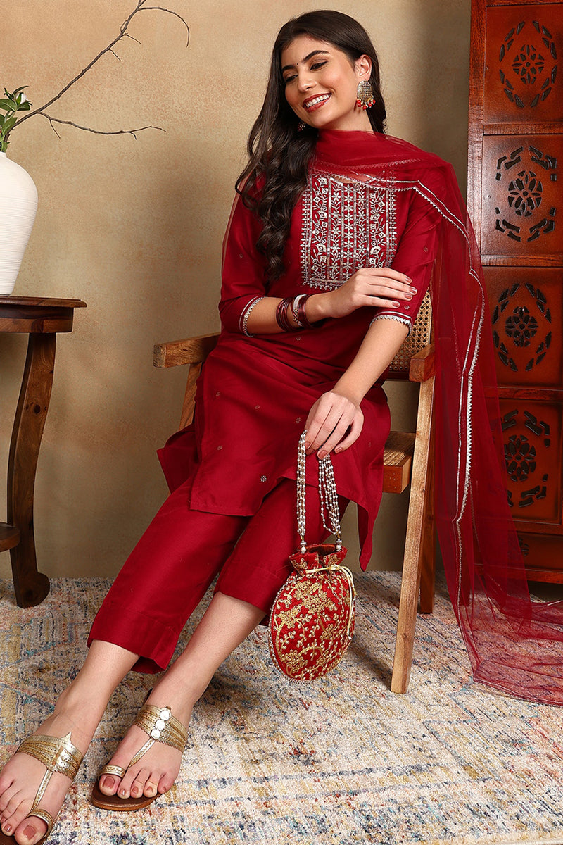 Maroon Silk Blend Rogan Work Straight Suit Set | SHOBITAM