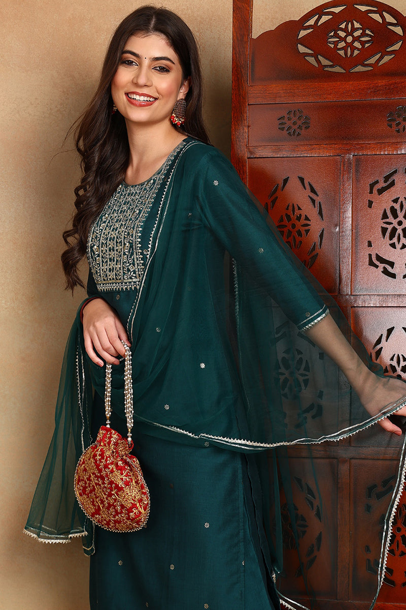 Green Silk Blend Rogan Work Straight Suit Set | SHOBITAM