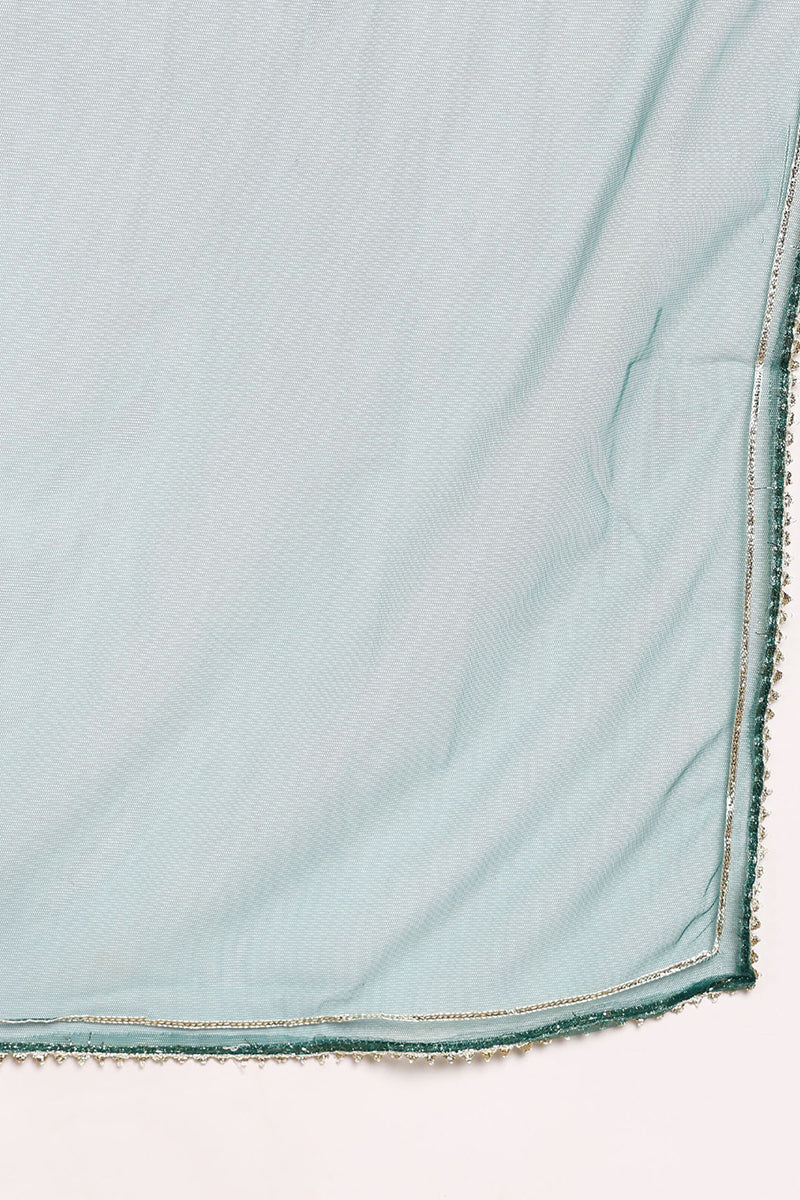 Green Silk Blend Rogan Work Straight Suit Set | SHOBITAM