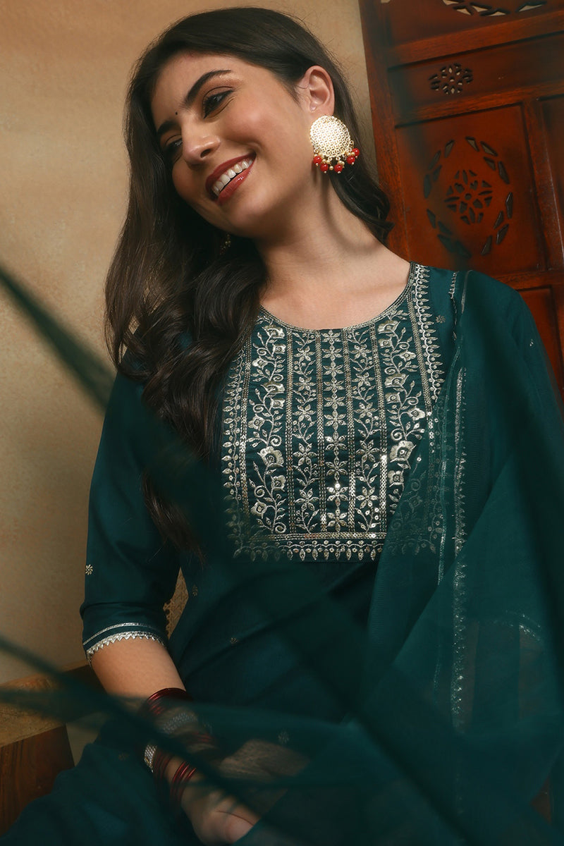 Green Silk Blend Rogan Work Straight Suit Set | SHOBITAM