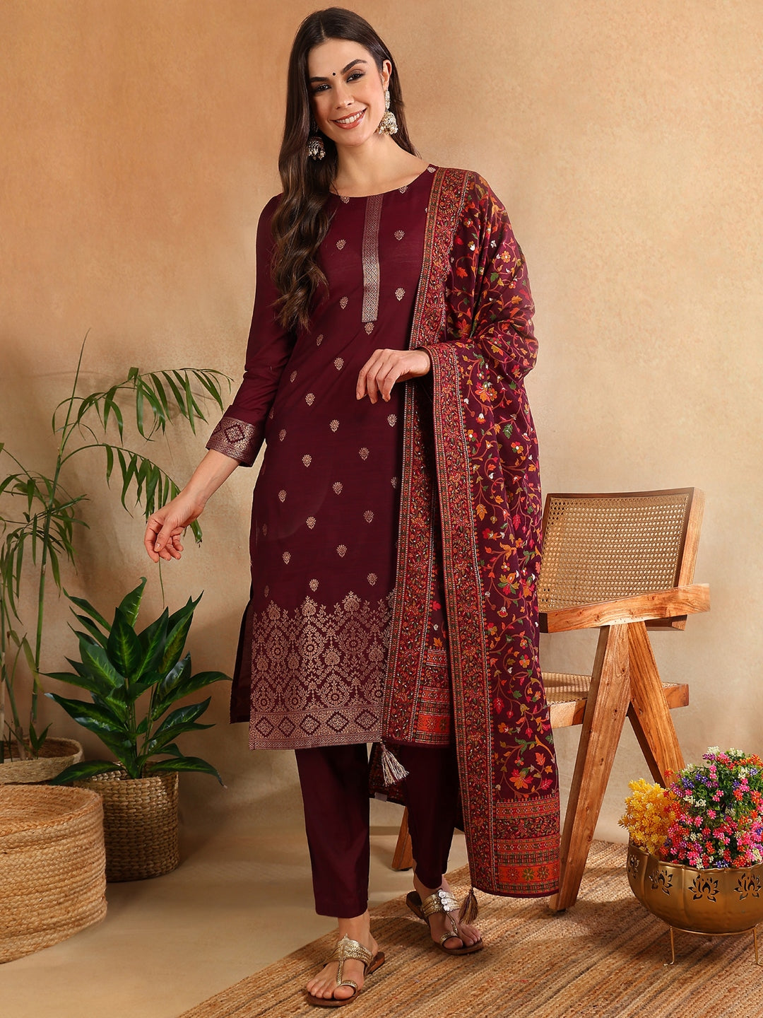 Burgundy Silk Blend Ethnic Straight Suit Set | SHOBITAM