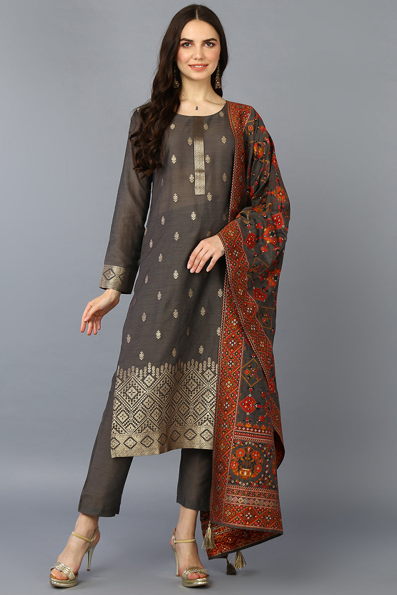 Grey Silk Blend Ethnic Motifs Straight Suit Set | SHOBITAM