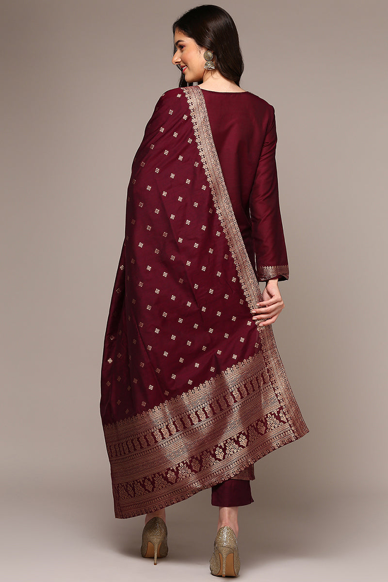Maroon Poly Chanderi Woven Design Straight Suit Set | SHOBITAM