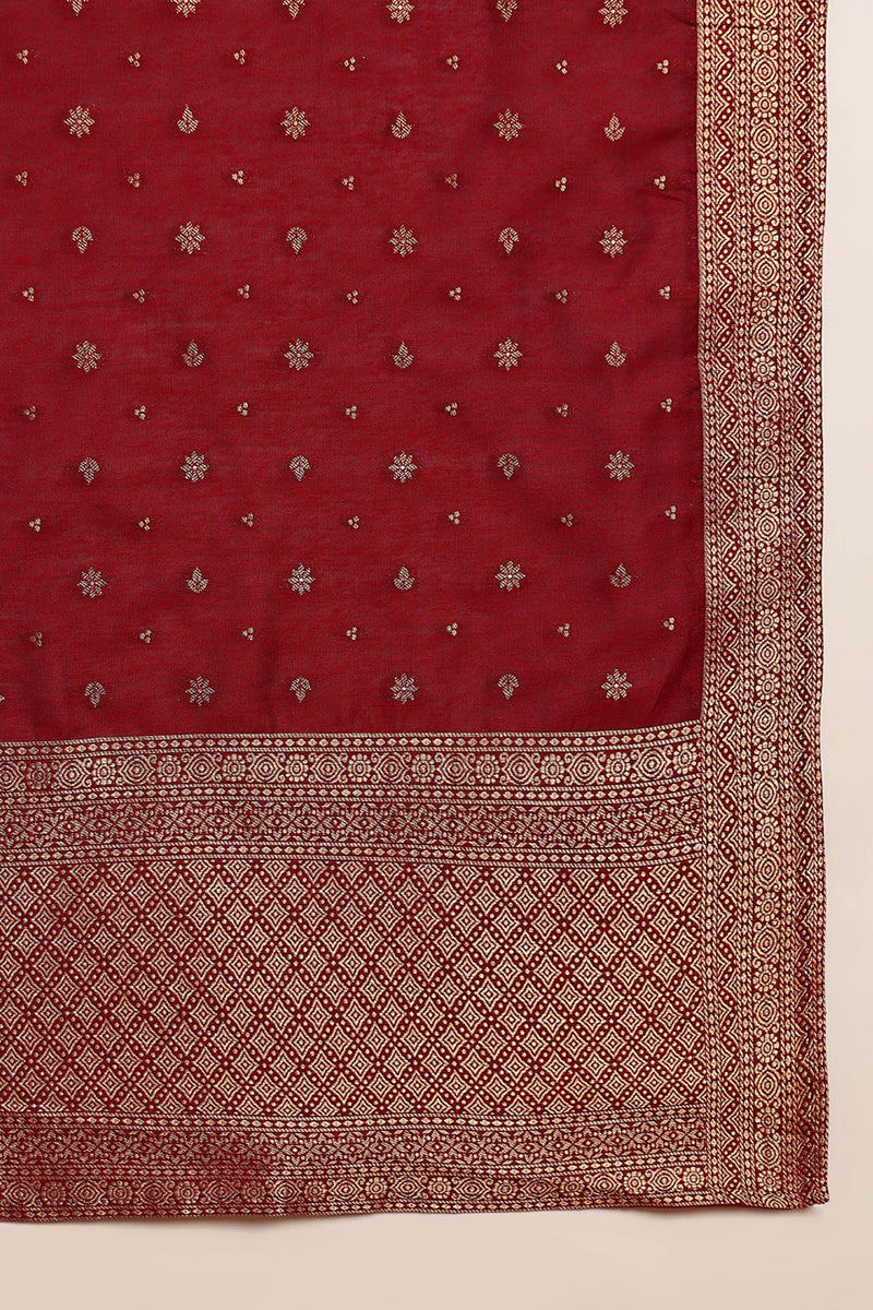 Red Poly Chanderi Woven Design Straight Suit Set | SHOBITAM