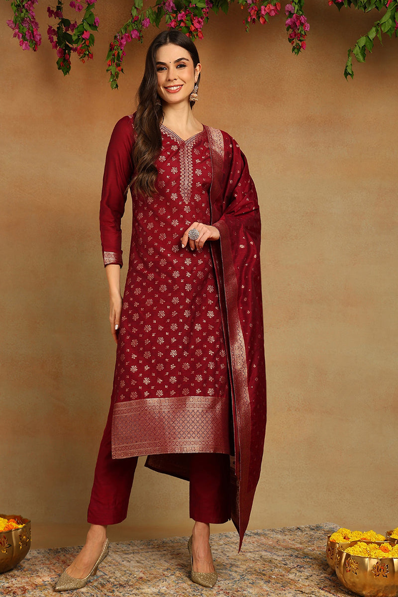 Red Poly Chanderi Woven Design Straight Suit Set | SHOBITAM