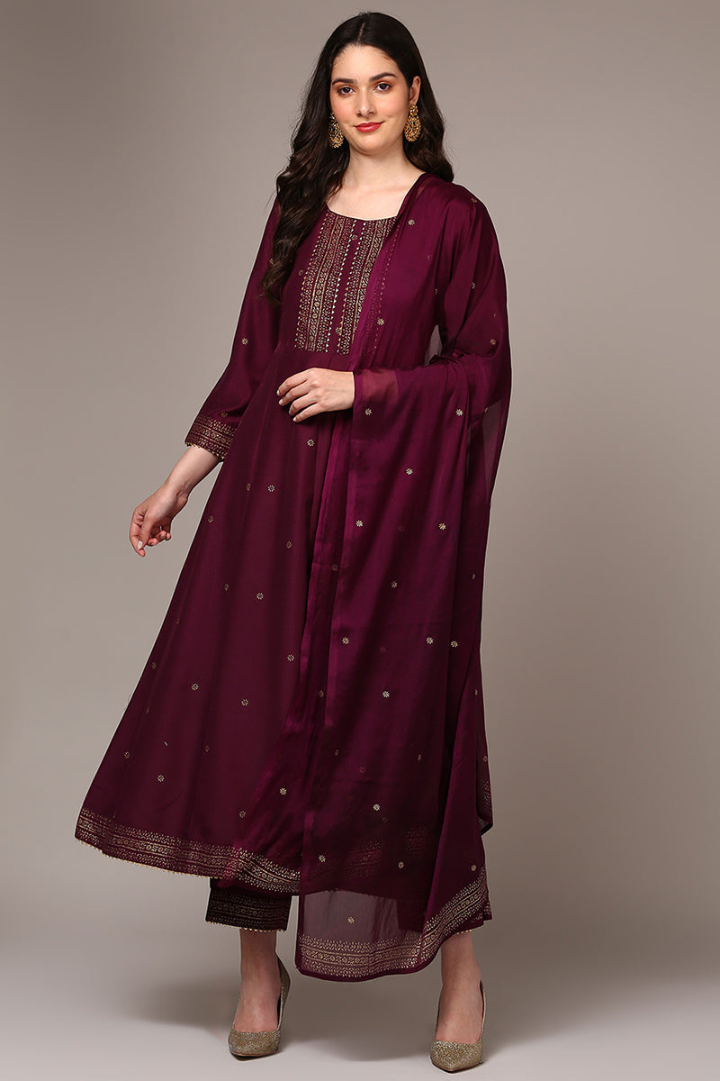 Burgundy Silk Blend Woven Design Flared Suit Set | SHOBITAM