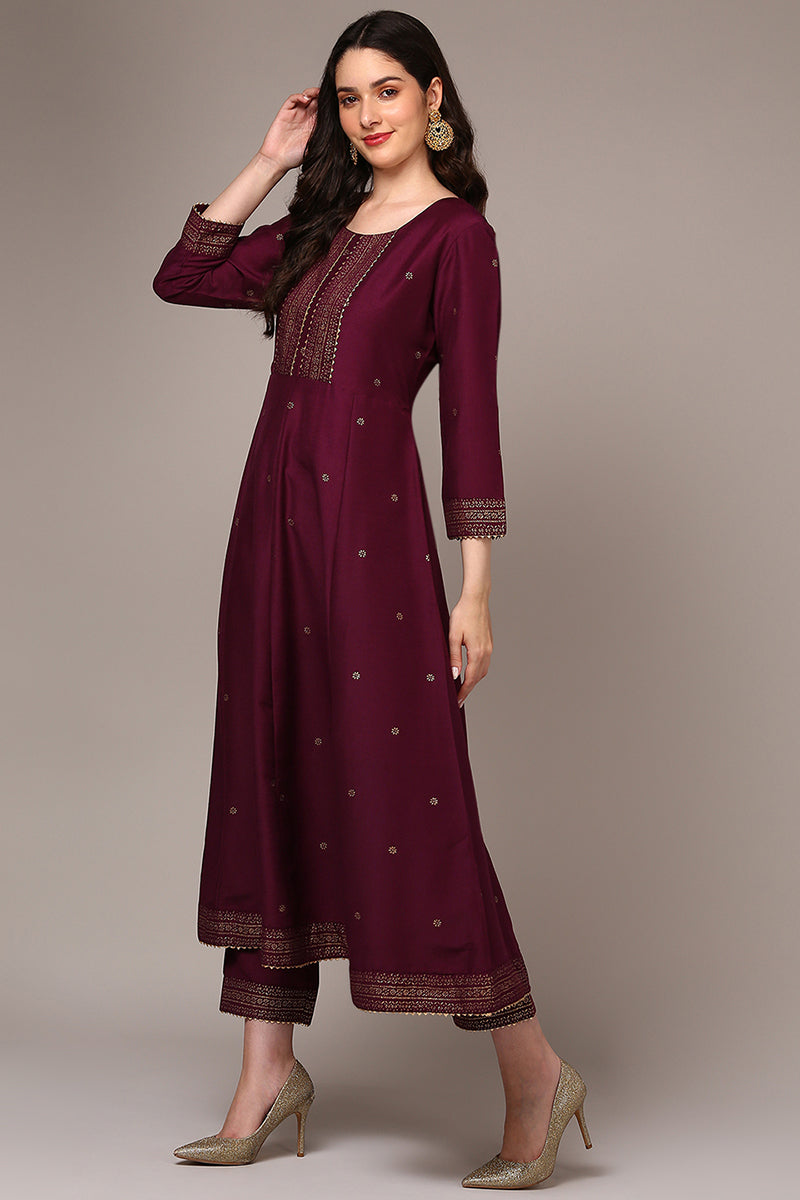 Burgundy Silk Blend Woven Design Flared Suit Set | SHOBITAM