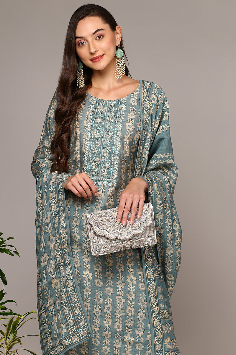 Grey Silk Blend Printed Straight Suit Set | SHOBITAM