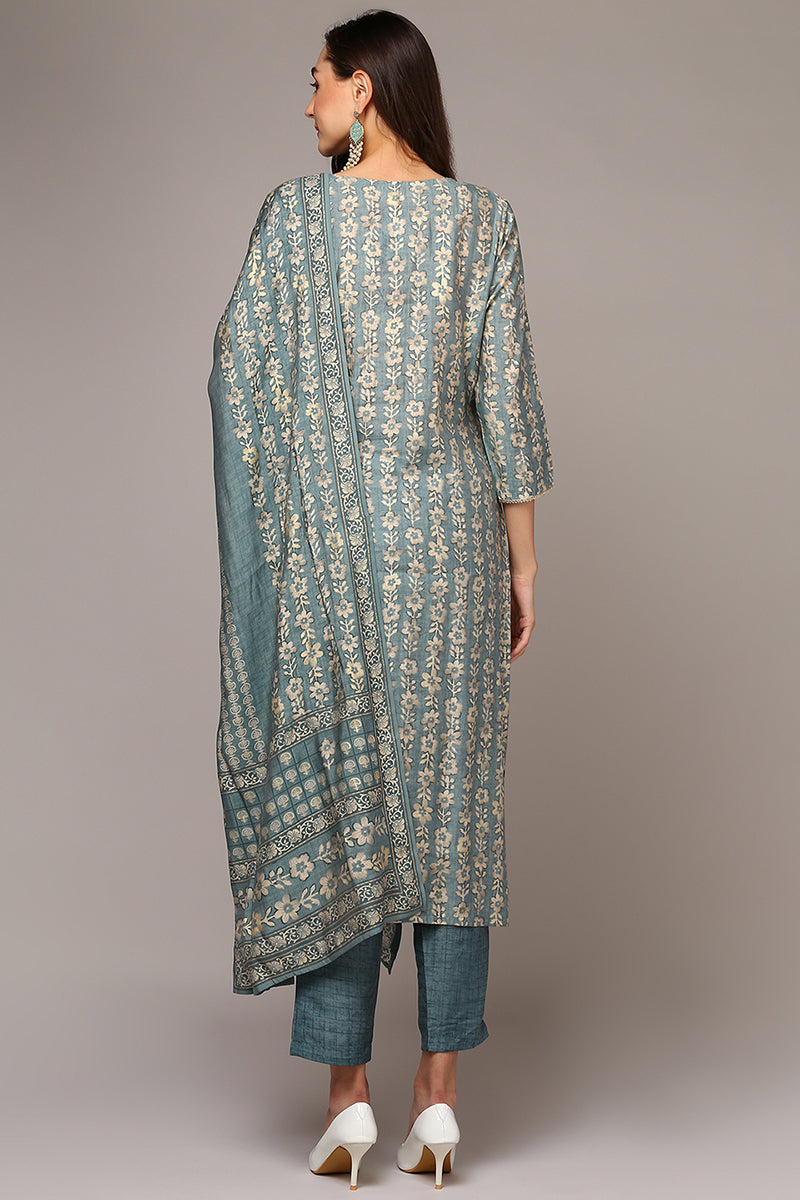 Grey Silk Blend Printed Straight Suit Set | SHOBITAM