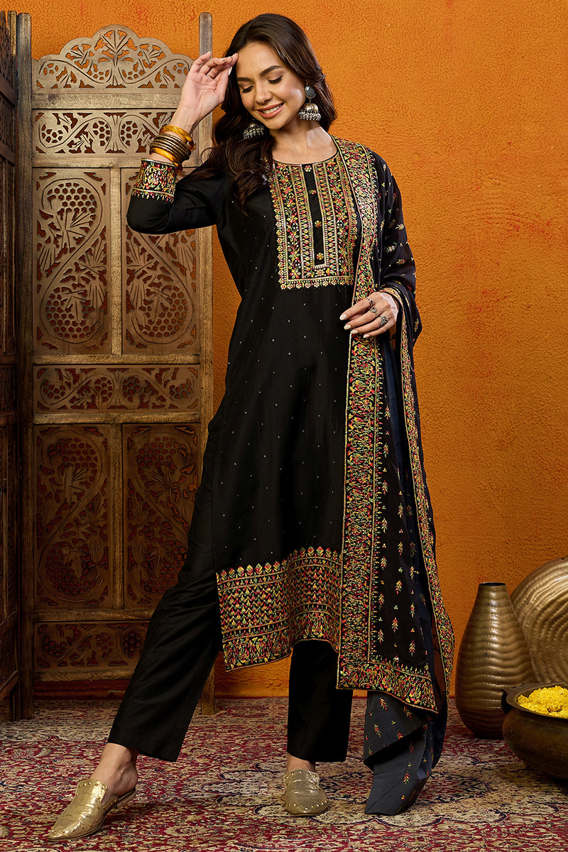 Black Silk Blend Solid Straight Suit Set | SHOBITAM