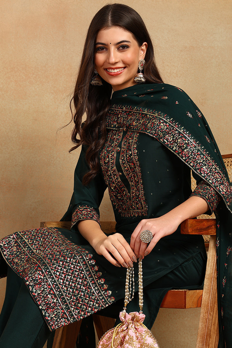 Green Silk Blend Solid Straight Suit Set | SHOBITAM